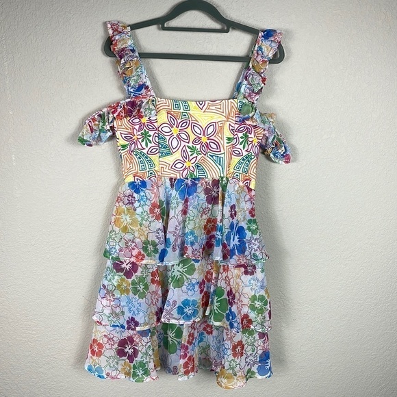 NWT All Things Mochi Ilima Floral Embroidered Mini Dress Tiered Off Shoulder M - Picture 4 of 12
